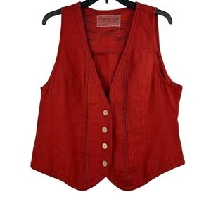 Burnt Red Linen Vest with Lace Back Crochet Detail‎ Sleeveless Button Up Top